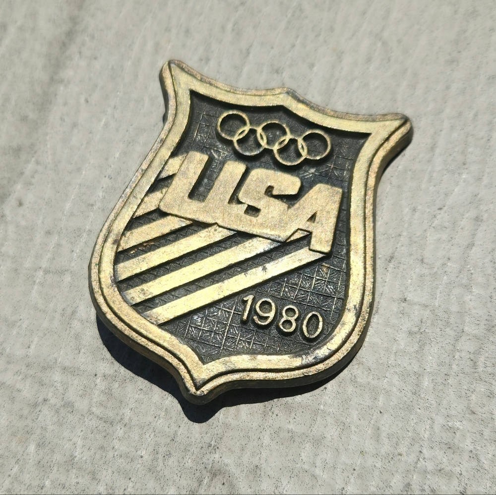 Vintage 1980 Olympics Team USA Lake Placid Brass Belt Buckle